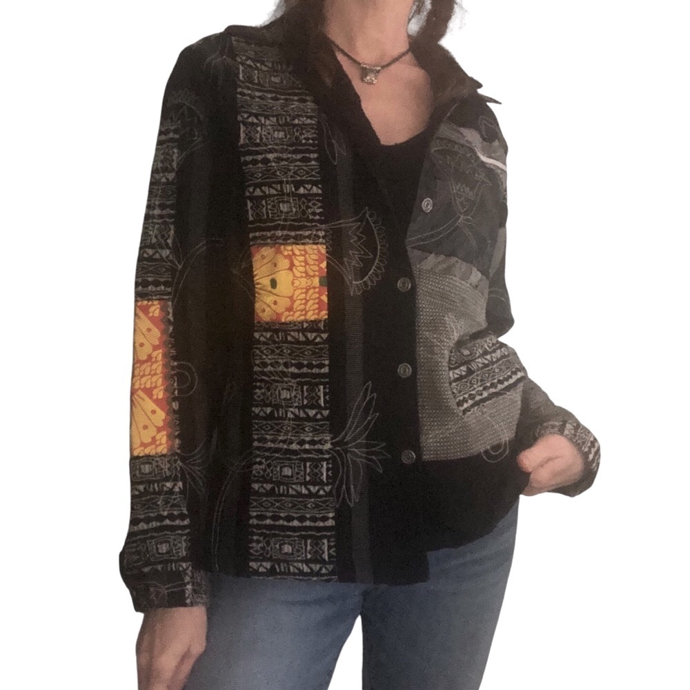 Vtg 90's Chico's Patchwork Jacket Sz M 6-8 Basic Boxy Unique Gray Yellow Phoebe